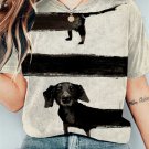 Women's Long Black Dog Crew Neck Print Casual T-Shirt