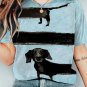Women's Long Black Dog Crew Neck Print Casual T-Shirt