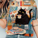 Women's Lovely Cat Coffee Drinking Art Print T-Shirt
