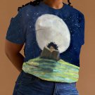 Women's Moon Girl Reading Art Print Casual T-Shirt