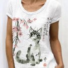 Women's Retro Japanese Ink Floral Cat Art Painting Casual T-Shirt