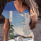 Women's Sea Wave Long Cat World Peace Print Casual T-Shirt