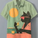 Women's Seaside Vacation Black Cat Print Short Sleeve Shirt