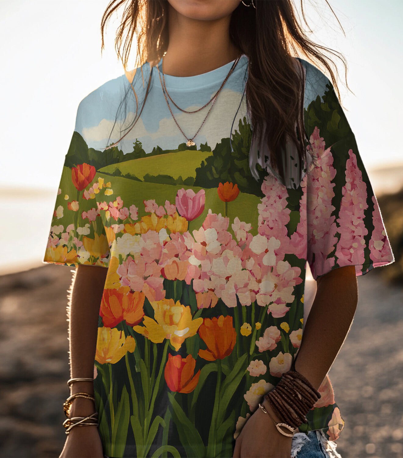 Women's Spring Tulip Field Scenery Art Print Casual T-Shirt