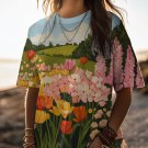 Women's Spring Tulip Field Scenery Art Print Casual T-Shirt