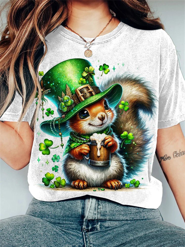 Women's St. Patrick's Day Squirrel Art Print Casual T-Shirt