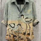 Women's Vintage Beach Bird Art Print Long Sleeve Linen Blend Shirt