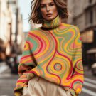 Women's Abstract Art Wavy Pattern Print High Neck Knit Sweatshirt