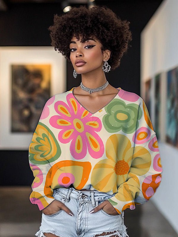 Women's Abstract Multicolor Flowers Print Casual V Neck Sweatshirt