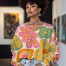 Women's Abstract Multicolor Flowers Print Casual V Neck Sweatshirt