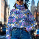 Women's Bees Flowers Cartoon Art Print High Neck Knit Sweatshirt