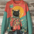 Women's Black Cat Astronaut Color Block Art Print Knit Sweatshirt
