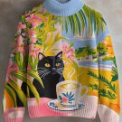 Women's Black Cat Drinking Coffee Print High Neck Knit Sweatshirt