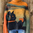 Women's Black Cat Listening to Music Art Print High Neck Knit Sweatshirt