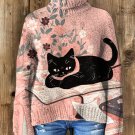 Women's Black Cat Lying On The Book Floral Print High Neck Knit Sweatshirt