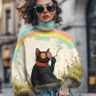 Women's Black Cat Smoking Rainbow Art Print High Neck Knit Sweatshirt
