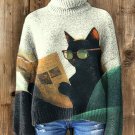 Women's Black Cat Wearing Glasses Reading Newspapers Art Print High Neck Knit Sweatshirt