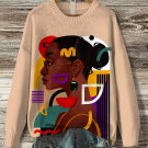 Women's Black Fashion Lady Geometric Patterns Print Knit Sweatshirt