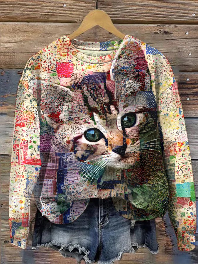 Women's Cat Ditsy Floral Patchwork Art Print Casual Sweatshirt
