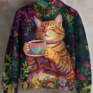 Women's Cat Drinking Coffee Print High Neck Knit Sweatshirt