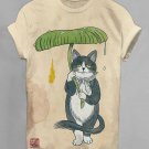 Women's Cat Holding Lotus Leaf Umbrella Japanese Art Print Casual T-Shirt