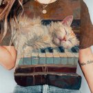 Women's Cat On Piano Oil Painting Print Casual T-Shirt