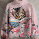 Women's Cat Reading Book Print High Neck Knit Sweatshirt