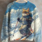 Women's Cat Snow Mountain Skiing Art Print Knit Sweatshirt