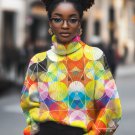 Women's Colorblock Geometric Art Print High Neck Knit Sweatshirt