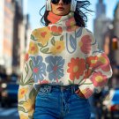 Women's Colorful Flower Cartoon Art Print High Neck Knit Sweatshirt