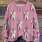 Women's Cute Bow White Fuzzy Puppy Printed Sweatshirt