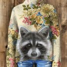 Women's Flowers and Raccoon Print High Neck Knit Sweatshirt