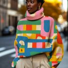 Women's Geometric Color Block Art Print High Neck Knit Sweatshirt