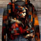 Women's Girl Drinking Coffee Geometric Art Print Hooded Sweatshirt