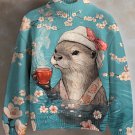 Women's Otter Drinks Hot Tea In Hot Springs Print High Neck Knit Sweatshirt