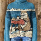 Women's Otter Seaside Cafe Woodcut Art Print High Neck Knit Sweatshirt