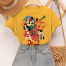 Women's Retro Instrumental Music Playing Jazz Print Cotton Casual T-Shirt
