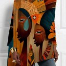Women's Retro Tribe Ethnic Art Print Irregular Hem Long Sleeve Skew Top