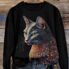 Women's Rhinestone Cat Art Print Casual Sweatshirt