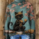 Women's Sakura Black Cat Sushi Tea Art Print High Neck Knit Sweatshirt