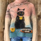 Women's Sakura Hairband Black Cat Sushi Tea Art Print High Neck Knit Sweatshirt