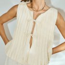 Women's Solid Pleated Lace-up Cotton And Linen Sleeveless Shirt