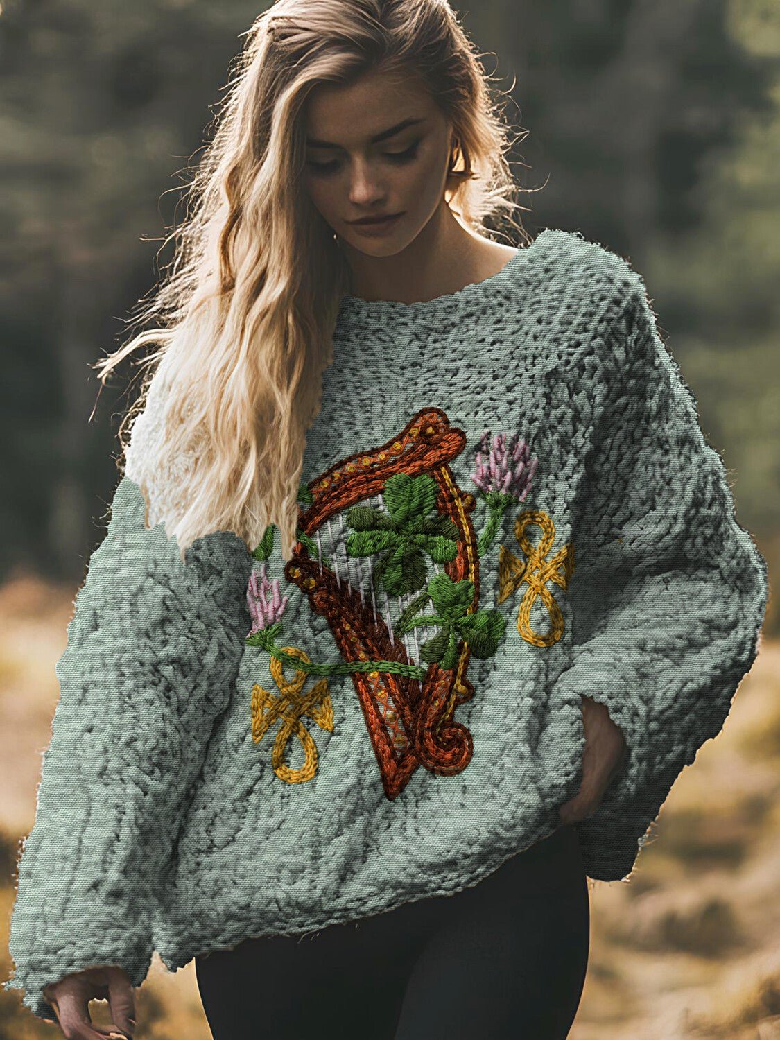 Women's St. Patrick's Day Celtic Harp Clover Print Knit Sweatshirt