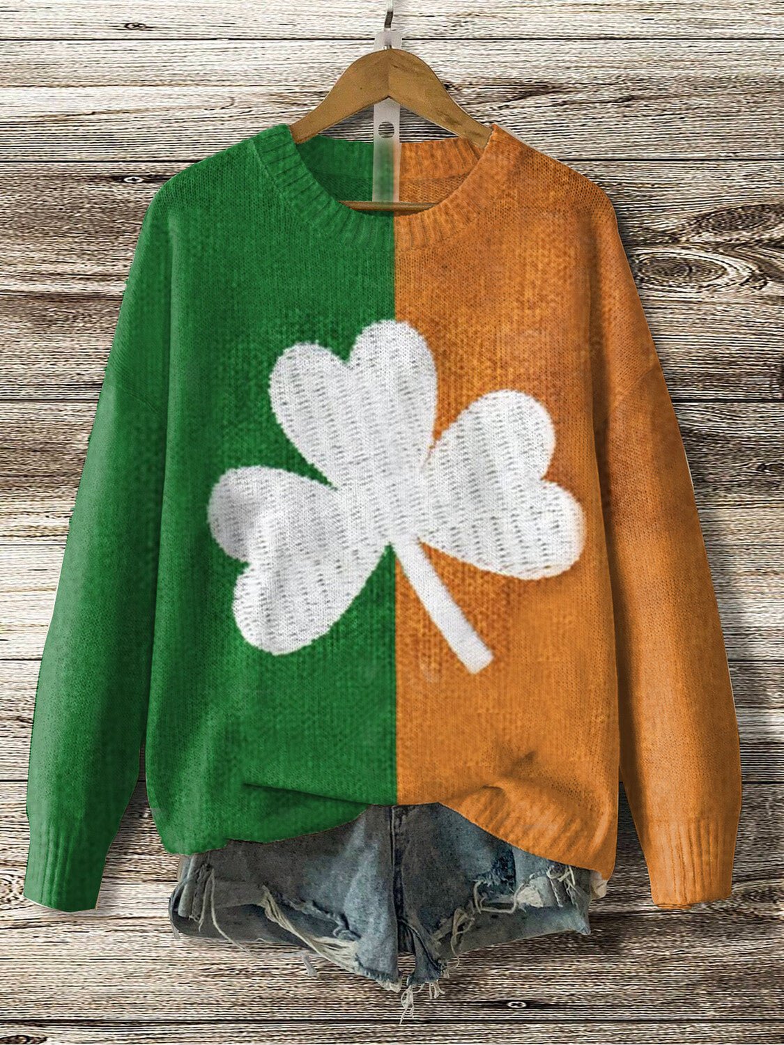 Women's St. Patrick's Day Clover Color Splice Print Knit Sweatshirt
