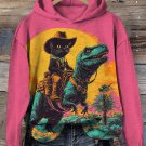 Women's The Fantasy Journey Of Cowboy Black Cat And Dinosaur Print Hooded Sweatshirt