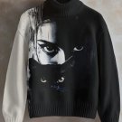 Women's The Woman And A Black Cat With Deep Eyes Print High Neck Knit Sweatshirt