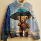Women's Toy Plush Teddy Bear Rainy Day Oil Painting Print High Neck Knit Sweatshirt