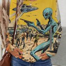 Women's Vintage UFO Alien Comics Style Sci-Fi Art Print Long Sleeve Top