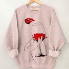 Women's Wine Glass Lip Print Cotton Long Sleeve T-Shirt Thin Sweatshirt