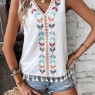 Women's Ethnic Pattern Embroidery V Neck Fringe Trim Tank Top